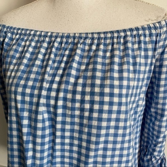 BeachLunchLounge • Blue White Gingham Plaid Off Shoulder Blouse - Picture 2 of 4